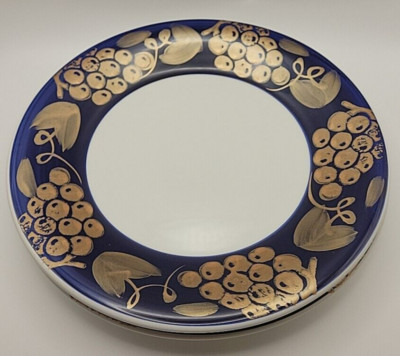 2 x Pier 1 Tuscany Gold Blue with Gold Grapes Hand-Painted Italy Dinner Plates-image