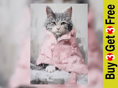 Cozy Comfort: Grey and White Cat in Pink Blanket Oil Painting Print 5