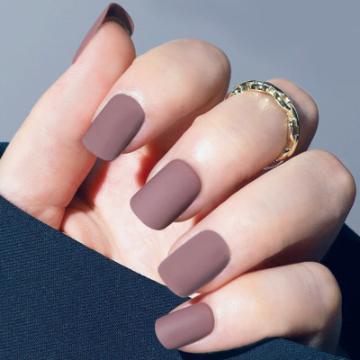 MATTE *BARCELONA BROWN* SHORT Full Cover Square 24 Nail Tips Press On Glue Set!-image