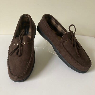 John Ashford Moccasin Slippers Size L 9.5-10.5 Brown Micro Suede Cozy Comfort-image