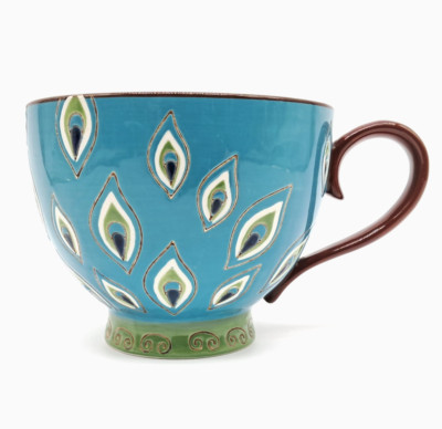 Pier 1 One Hand Painted Peacock Feathers Footed Coffee Mug Tea Cup Hot Chocolate-image