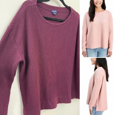 Splendid Thermal Cozy Loungewear Minimalist Waffle Merlot Oversized Boxy Top M-image