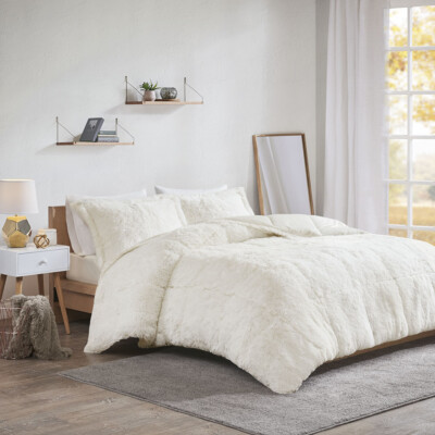 ~ LUXURY ULTRA SOFT PLUSH COZY MODERN IVORY WHITE FAUX FUR CHIC COMFORTER SET-image