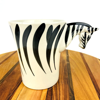 Pier 1 One Imports 3D Zebra Head Handle Coffee Mug Tea Cup 16 oz White Black-image
