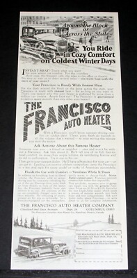 1929 OLD MAGAZINE PRINT AD, THE FRANCISCO AUTO HEATER, COZY COMFORT WINTER DAYS!-image