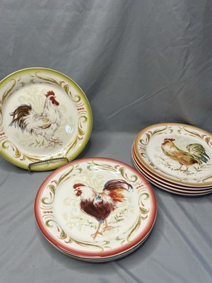 Set of 8 Pier 1 Imports Rooster Chicken Luncheon Plates 8.75” Four designs -image