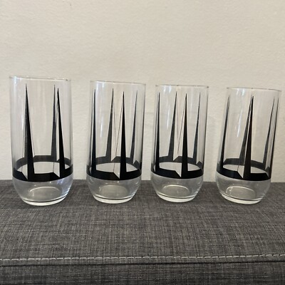 MCM Edgar Watkins Black Pyramid Tumbler Glasses 5 3/4” Tall 4 Piece Set-image