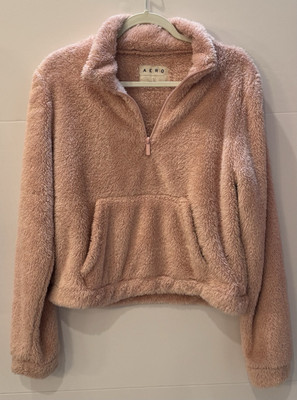 AERO Women’s Large Blush Pink Super Soft Fuzzy Long Sleeve 1/4 Zip Fleece Pocket-image