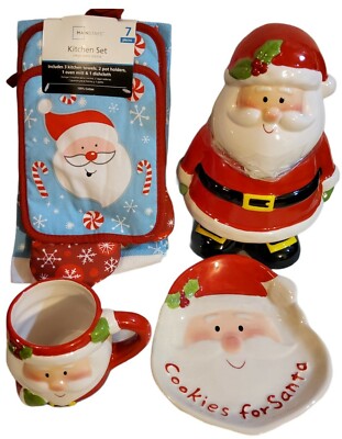 VTG Mainstay Christmas Santa Set Face Plate & Cup Mug Cookie Jar 7 PC Towel -image