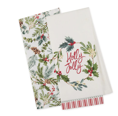 100% cotton embroidered Holly Jolly dish towels set of two 18