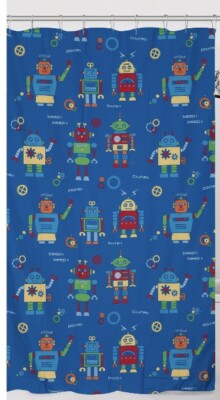 ROBOT kids SHOWER CURTAIN fun mechanical robots fabric blue red green yellow-image