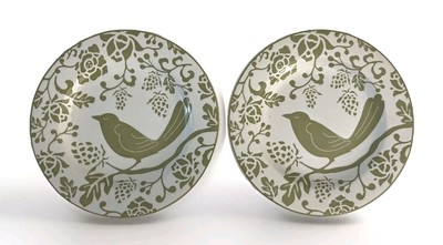 2 Pier 1 Bird Plates Green & White Stoneware Salad Bread 8.5