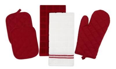 Mainstays Kitchen Towel, Oven Mitt & Pot Holder Kitchen Set, 5 Pack, Red-image