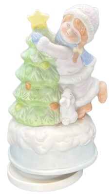 Albert Price Prod. Musical Figurine Girl Hugging Tree Plays Jingle Bells Vintage-image