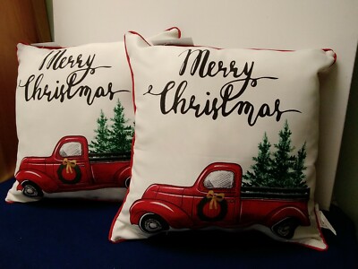 Outdoor Pillows Ivory Red Pick-Up with Tree 16X16 Set of 2 