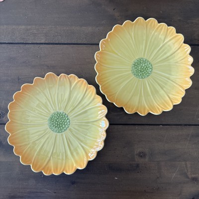 Set (2) Pier 1 Imports Yellow Stoneware 8” Sunflower Daisy Plate-image