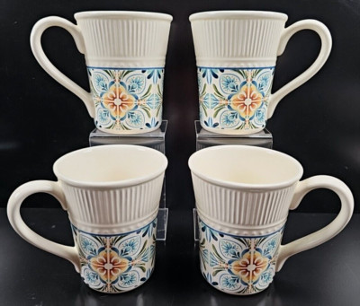 (4) Pier 1 Imports Athena Mugs Set Floral Geometric Embossed Rim Coffee Cups Lot-image