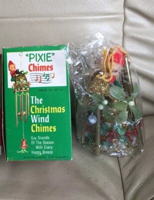 Vintage 1950s SNP HONG KONG CHRISTMAS PIXIE ELF Mistletoe Metal Bell Wind Chimes-image