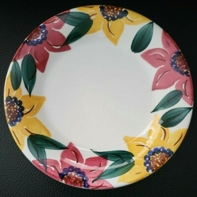 SET OF 2 PIER 1 RED YELLOW FLOWER FLORAL SALAD PLATES 7 3/4