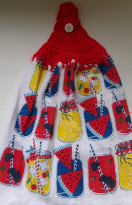 RED Yarn  Crochet Top  CANNING JAR FRUIT  DRINKS Print Cotton Kitchen Dishtowel-image