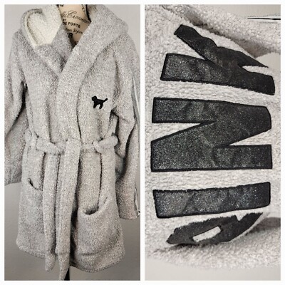 PINK Victorias Secret Robe SZ XS/S Gray Metallic Hooded Sparkle Cozy Knit-image