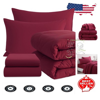 5-Piece Twin Comforter Set with Sheets - Cozy Wine Red Bedding for All Seasons-image