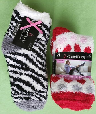 CUDDL DUDS LOUNGE SOCK 3 PAIR SETS:NWT ZEBRA/BLACK/WHITE or RED DOTS/RED/WHITE-image