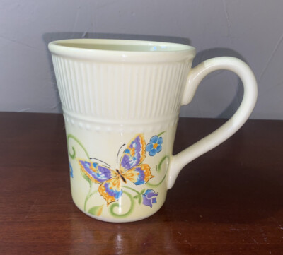 Pier 1 Imports Botanica Light Yellow Floral & Butterfly Design Coffee Mug 14oz-image