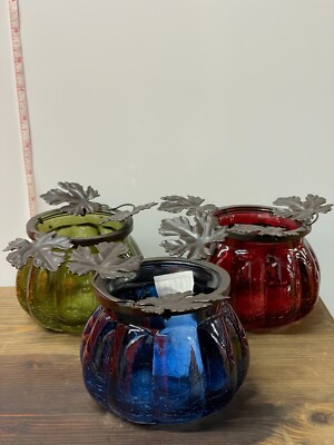 3 Piece Candle holder set Glass 3in w Metal leaf design New Pier 1 Imports-image