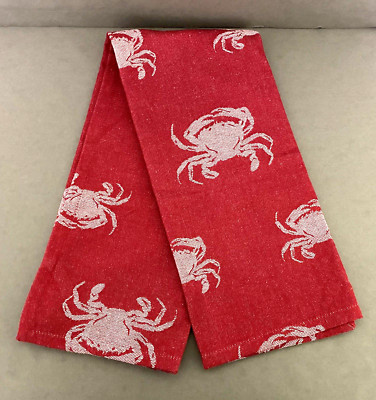 New Pier 1 Imports 100% Cotton Red Tea Towel w/ White Woven Crabs 20 x 30.5