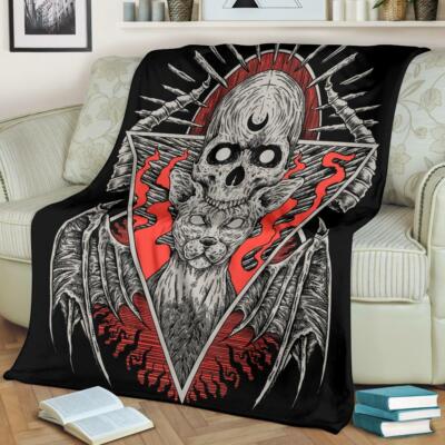 Gothic Skull Cat Occult Bat Wing Blanket Color Version-image