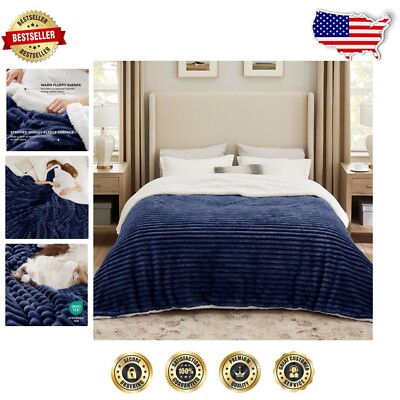 Luxurious King Size Sherpa Blanket - Super Soft Navy Blue Cozy Fleece 108x90-image