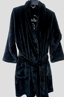 VICTORIA'S SECRET LADIES BLACK STITCHED FLEECE ROBE/SIZE M-L/PRE-OWNED-image