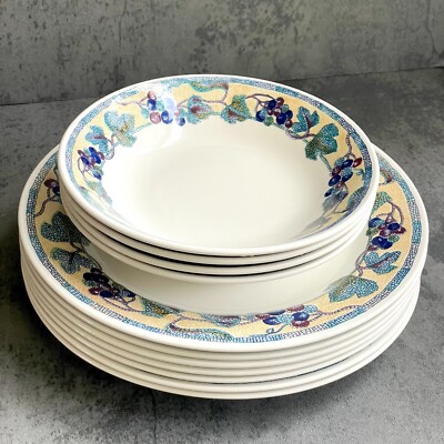 Lot of 11, Pier 1 England Angleterre Mosaic Grapes 7 Dinner Plate & 4 Soup Bowl-image