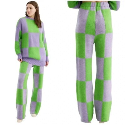 NOCTURNE PANTS WOMENS SMALL WIDE-LEG KNITTED CHECKERED COZY CHIC VERSATILE-image