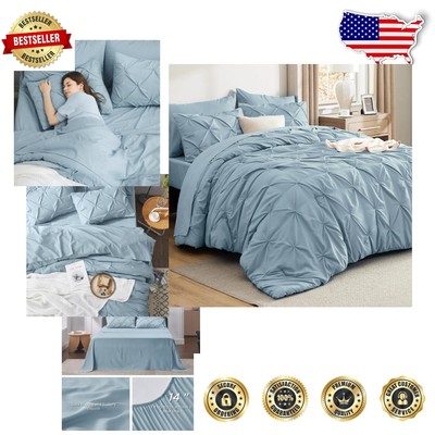 Light Blue Pinch Pleat Comforter Set - Full Size Bedding for Cozy Elegance-image