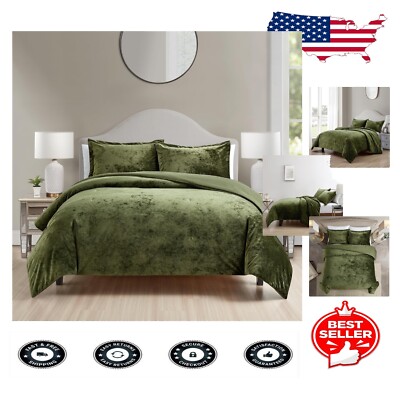 Cozy All-Season King Comforter Set - Velvet and Microfiber, 3-Piece Olive Green-image
