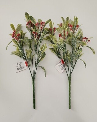2 Mainstays 13” Christmas Shimmer Green Leafy Pick With Red Berries Mistletoe-image