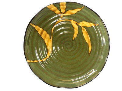 Pier 1 DAKARA Stonewear Platter Green swirls Handpainted Leaves 13 in-image