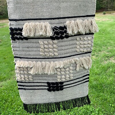 NWOT Pier 1 Imports Loom Woven Table Runner Black and White Fringe-image