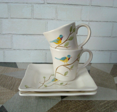 Pier 1 Imports Four-Piece 2 Mug 2 Plate Hand Painted Earthenware Robin on Branch-image