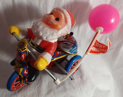 Vintage Christmas Santa Claus Tricycle Wind Up Tin Metal Toy Bike MTU Korea WORK-image