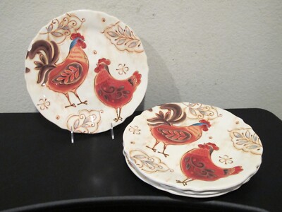 (4) Pier 1 Imports Gallo Rooster Ceramic Dinner Plates 11 1/8