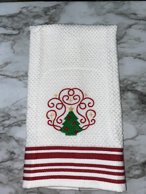 Embroidered  Striped Kitchen Hand Towel  Christmas Tree with Swirls Stars BS2931-image