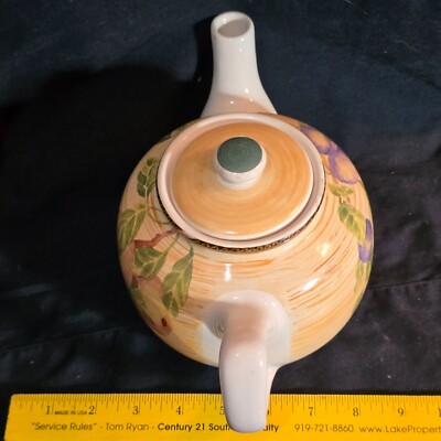 Vintage Jay Import Co. Ceramic Teapot With Fruit Design & Lid Rustic Style Made-image