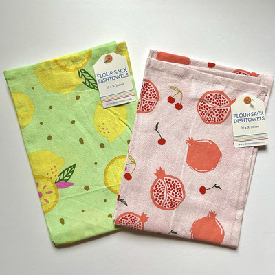 NEW! Set of 2 FLOUR SACK DISH TOWELS in Lemon & Pomegranate Cherry, 100% Cotton-image