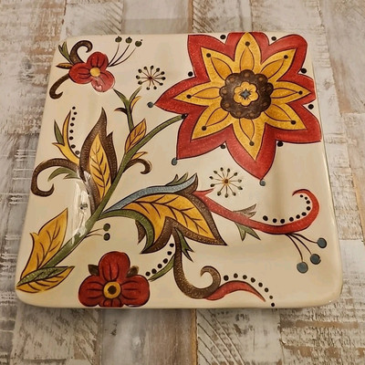 Set of 2 Pier 1 Carynthum Pattern Earthenware 8.75” Square Salad Luncheon Plates-image