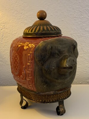 Pier 1 Imports Metal Pig w/Ceramic Asian Scroll Pineapple Design Footed Jar-EUC!-image