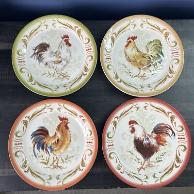 Set of 4 Pier 1 Imports Rooster Chicken Luncheon Plates 8.75” Four designs READ-image