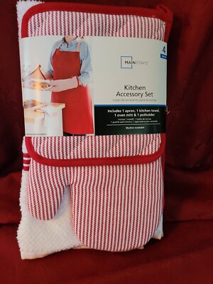 MAINSTAYS 4 PIECE KITCHEN ACCESSORY SET RED APRON TOWEL MIT & POTHOLDER NEW -image